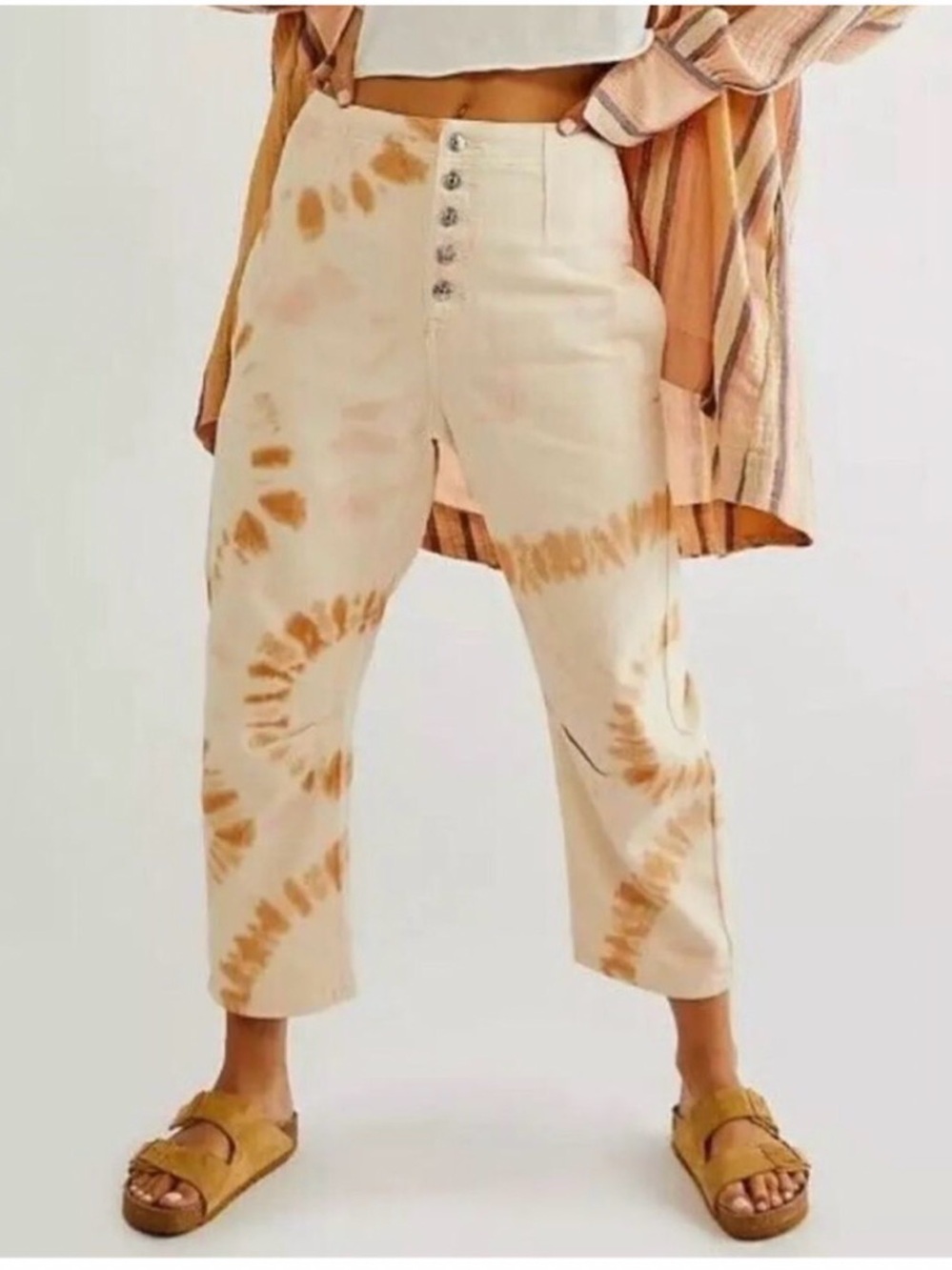 Free People Cream and Tan Tie-Dye Cropped High-Waist Pants